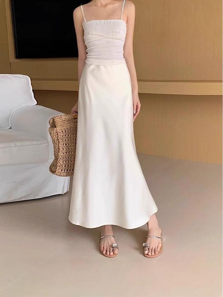 Champagne Satin Fishtail High-End Silk Skirt for Women - Summer 2025