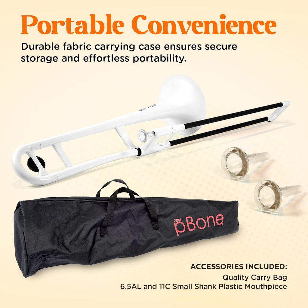 pInstruments pBONE PBONE1W Plastic Tenor Trombone In Made of Lightweight and Durable ABS with Antibacterial White Mouthpiece and Carrying Bb,
