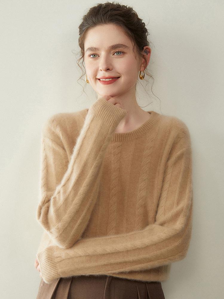 Women's Solid Color Cashmere Pullover: Round Neck, Seven-Stitch Cable Knit, Comfortable and Gentle Style, Warm Base Layer Sweater.