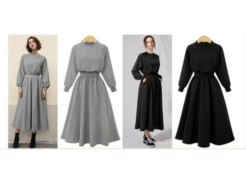 Plus Size Korean-Style Long Sleeve Gray Dress for Spring and Autumn