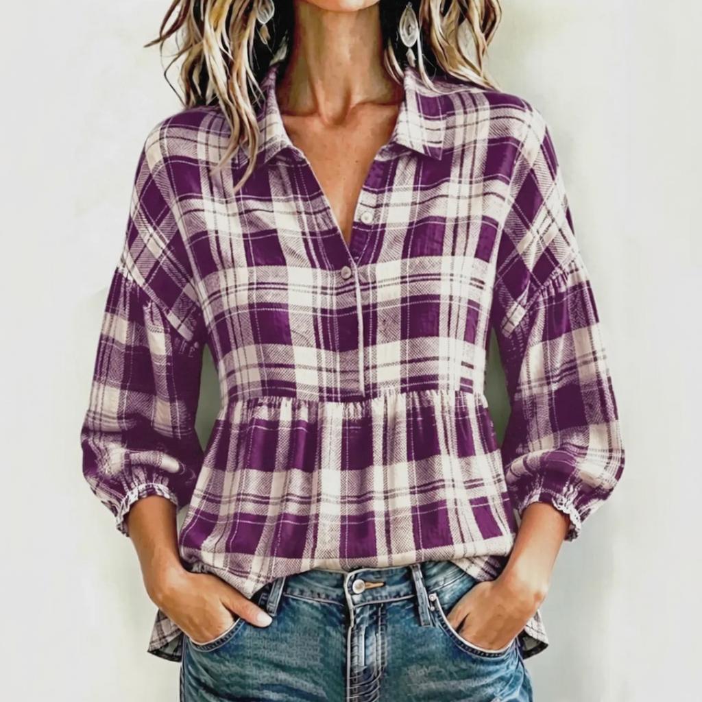 Women's Vintage Plaid Button Down Shirt Loose Fit Casual Blouse