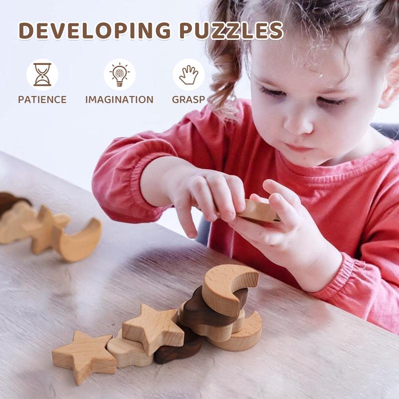 Baby Wooden Montessori Puzzle Stars And Moons Shapes Toys BPA Free Teether Intelligence Developing Games Safety Toddler Gifts