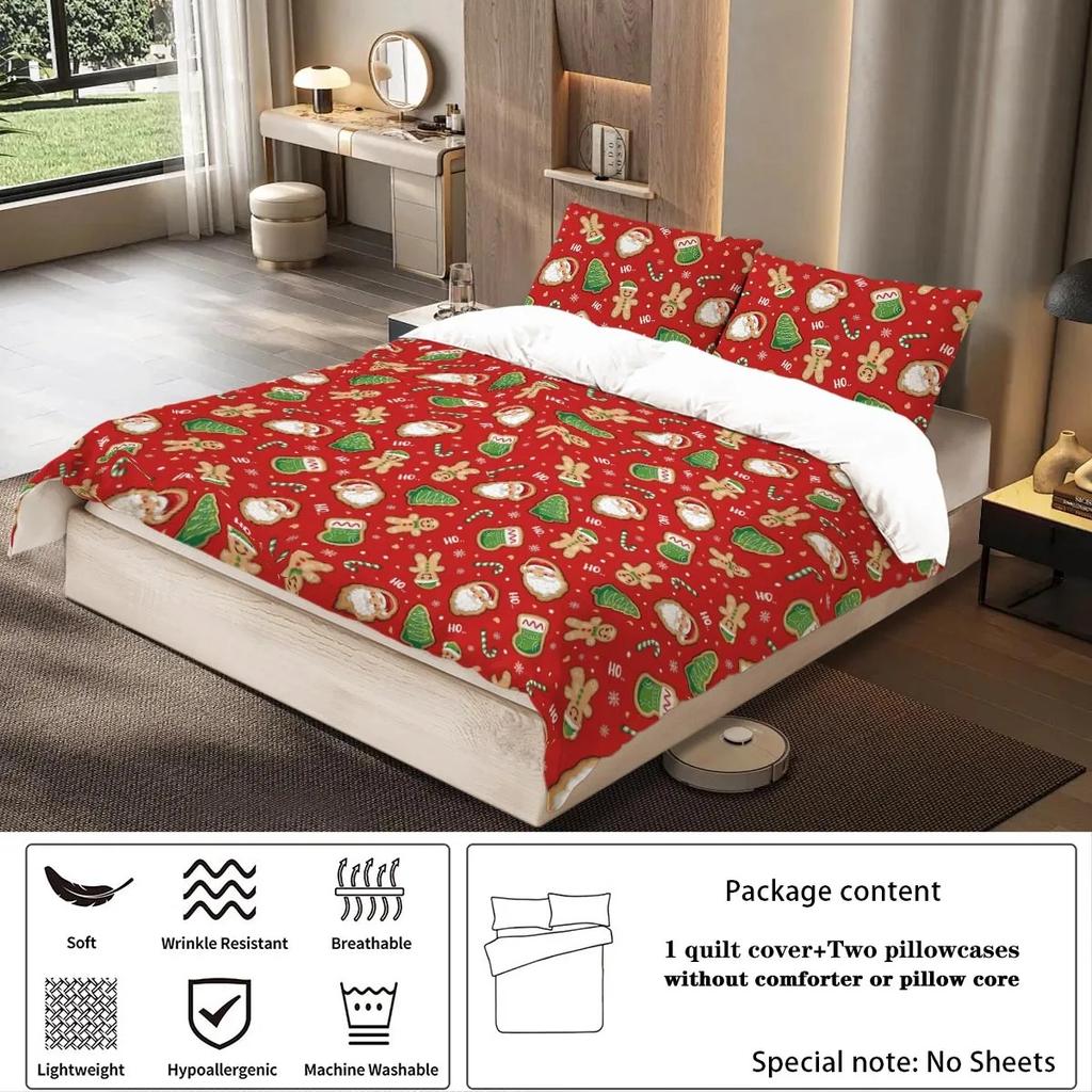 3Pcs red Christmas theme print quilt cover featuring pilowcases, no filing, skin-friendly, warm machine washable beding set decor