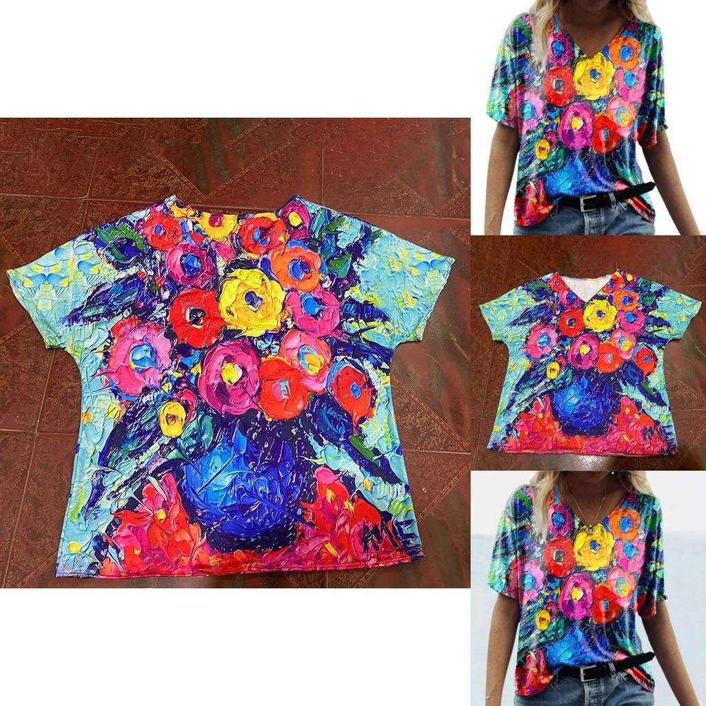 Summer Casual T Shirt With Floral Print And V Neck For Women