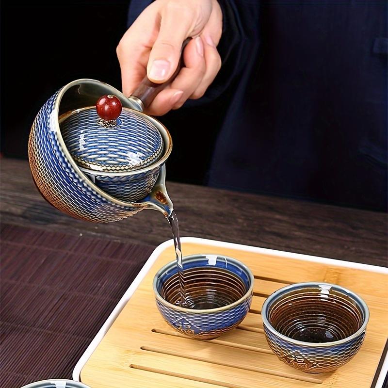 1/5/6/Stück Keramik-Teeservice, bedruckte Teekanne, tragbares Reise-Teeservice, Kung-Fu-Teekanne mit einfachem Verbrühschutzgriff, Teetassen, Teetablett, perfekt für zu Hause und