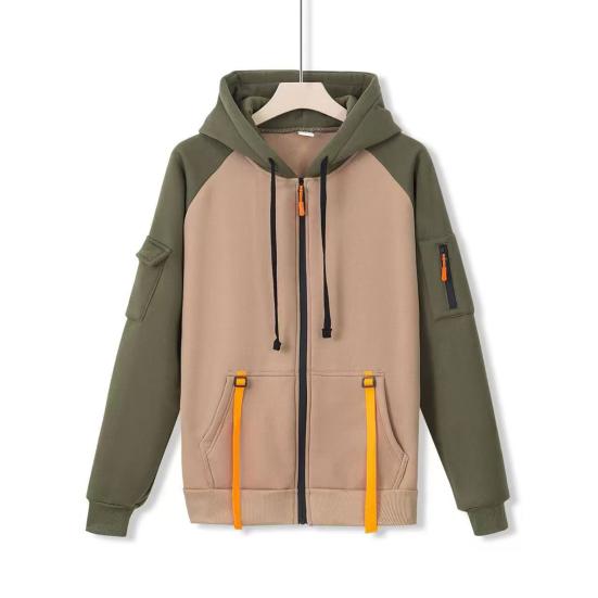 Men Hooded Jacket Autumn Winter Zip-up Hoodie Multi-Pocket Fleece Lined Sweatshirt Jacket for Daily