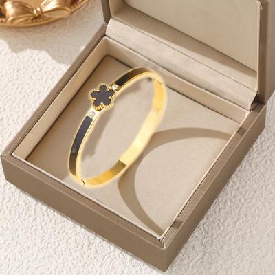 6 Colori Classico Lusso Acciaio Inossidabile Fiore a Cinque Petali Bracciale Aperto Semplice per Donna Ragazza Festa Tendenza Gioielli Smaltati Quadrifoglio