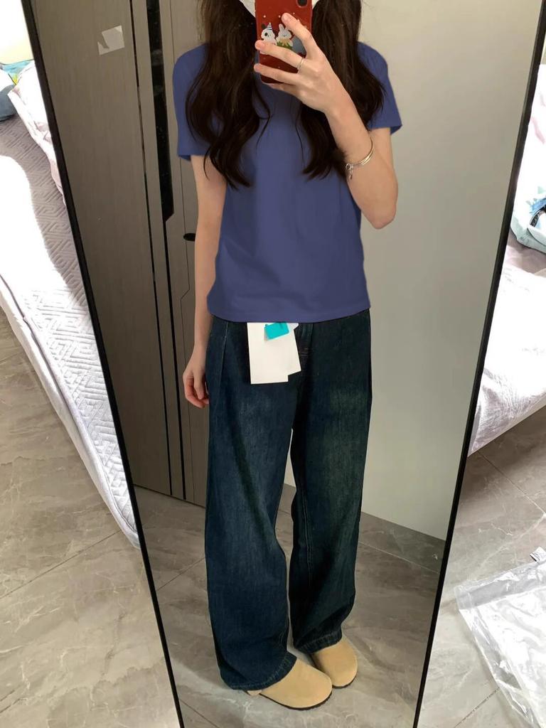 Summer New Light Blue Cotton T-shirt Women's Shoulder Simple Casual Thin Top Basic Versatile Short Sleeves