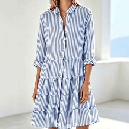 European and American fresh blue and white striped shirt skirt loose versatile lapel contrasting color casual commuter vacation dress