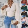Women S Waist Cinched V Neck Ruched Solid Color Long Sleeve Casual Top