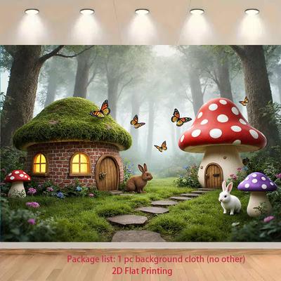 2D Magic Cartoon Woodland Mushroom Cottage Kids Birthday Photography Backdrop