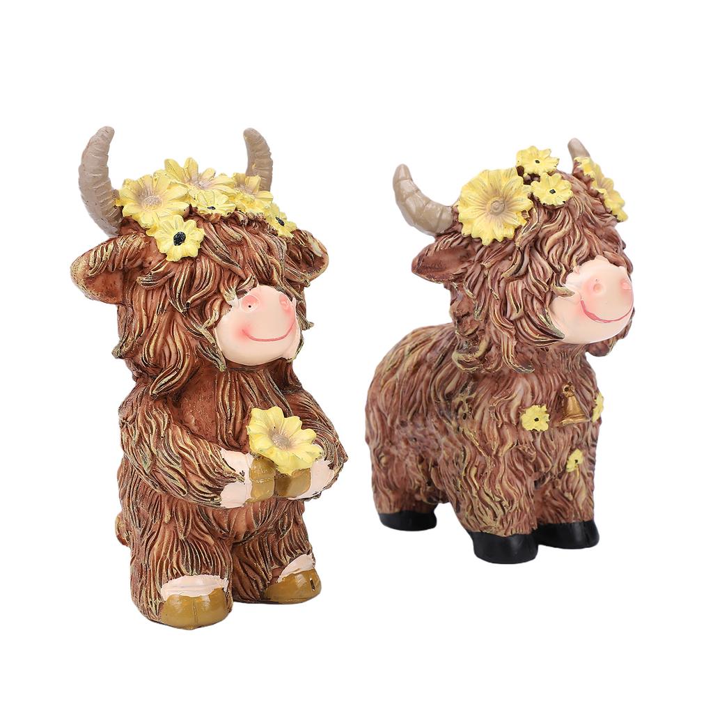 Flower Highland Cow Statue Cute Small Animal Figurines for Home Garden Kitchen Office