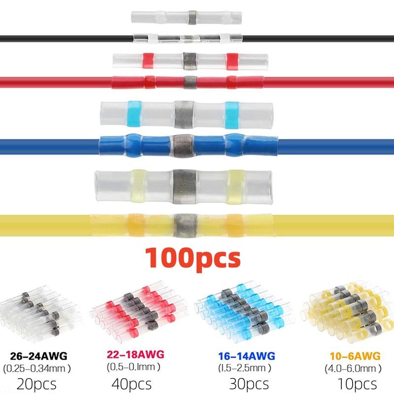 50/100pc Heat Shrink Butt Terminals Bagged Welding Sealed Electrical Connectors Wire Cable Splice Kit for Car and Marine