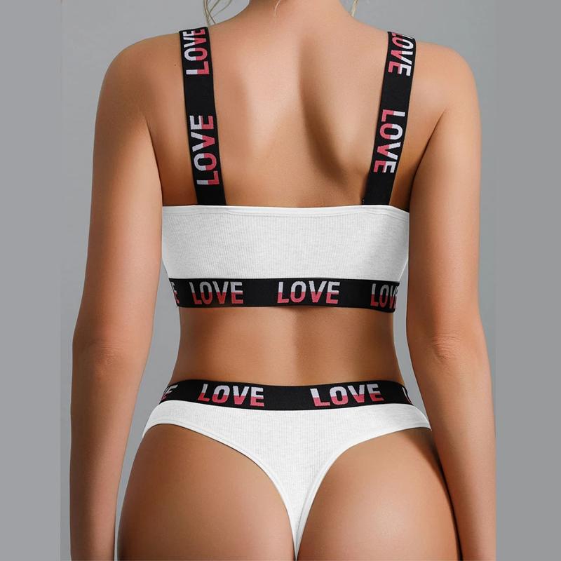 TERMEZY Damen Push-Up-BH-Set, sexy, Buchstaben-Sport-Weste, BH mit niedriger Taille, Tanga-Set, bügelloses Bralette-Dessous-Set aus Baumwolle