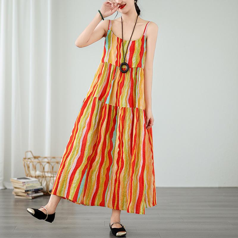 Rochie Halter Mărimi Mari Rochie de Vacanță Rustică din Bumbac In Imprimat Rochie Largă cu Tiv Mare Rochii pentru Femei