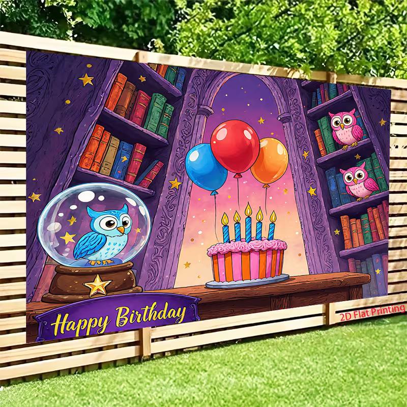 2D Harry Potter Style Birthday Backdrop, Magical Owls & Wizard Bookshelf Ban