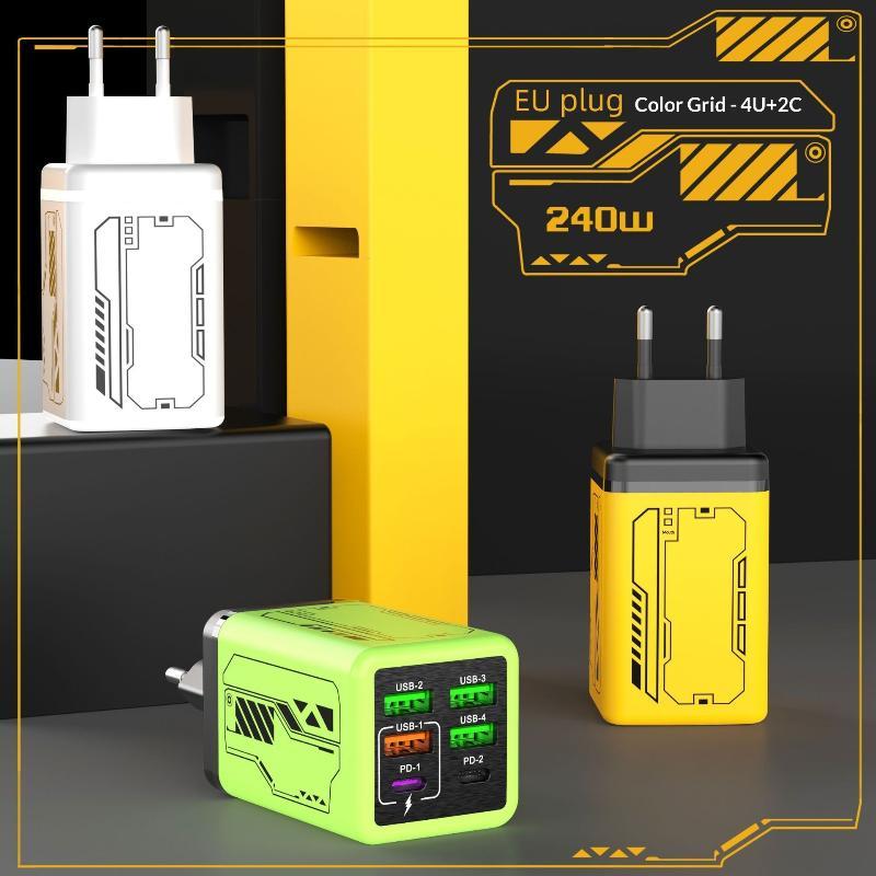 1Pcs 240W Fast Charging Wall Charger 4 Usb 2 Pd Ports Eu Us Plugs For Home Office Gaming Device Charging