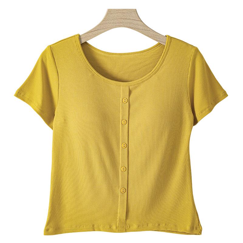 Ribbed Cropped Bodycon T-Shirt with Built-in Bra Pads and Fixed Short Sleeves