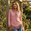 Skin Friendly Apparel Women Tassel Shirt for Autumn, Button Down Slim Fit Fringe Everyday Wear Blouse, Solid Color Casual Long Sleeve Top, Western