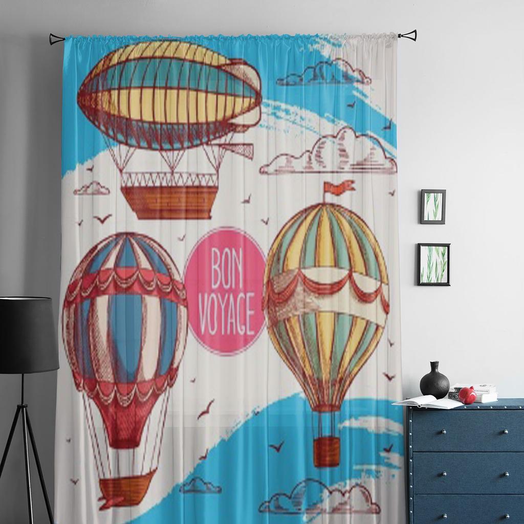 Vintage Bunte Luftballons Fliegen Am Himmel Wolken Vögel Chiffon Transparente Vorhänge Wohnzimmer Schlafzimmer Fenster Voiles Tüllvorhang