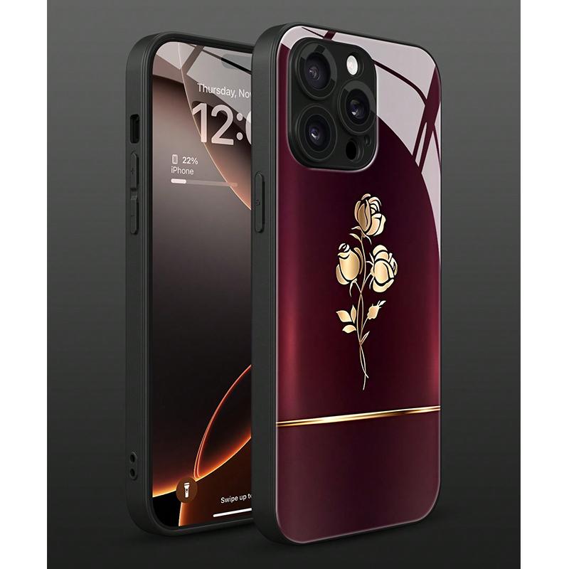 Goldene Rose Muster Gehärtetes Glas Handyhülle Für iPhone 17 16 15 14 13 12 11 Pro Max 17Air 16E 7 8 Plus XR XS X Stoßfeste Hülle