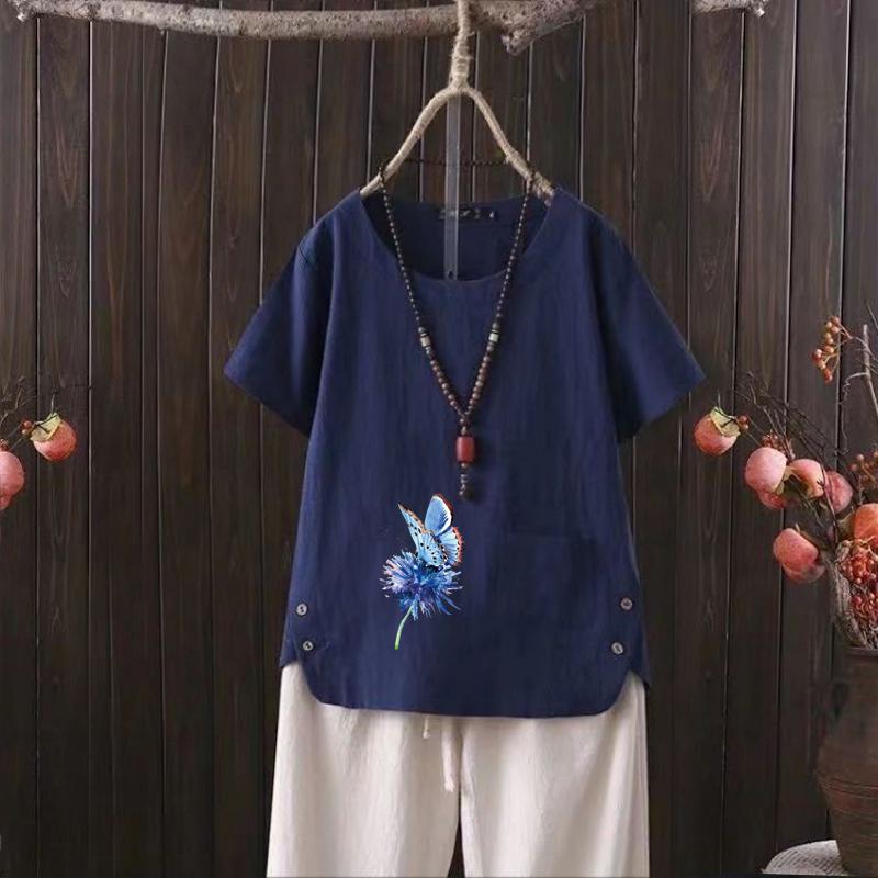 

Женская мода с принтом синей бабочки, летняя повседневная свободная футболка с коротким рукавом, летняя блузка, топы 4XL темно-синий
