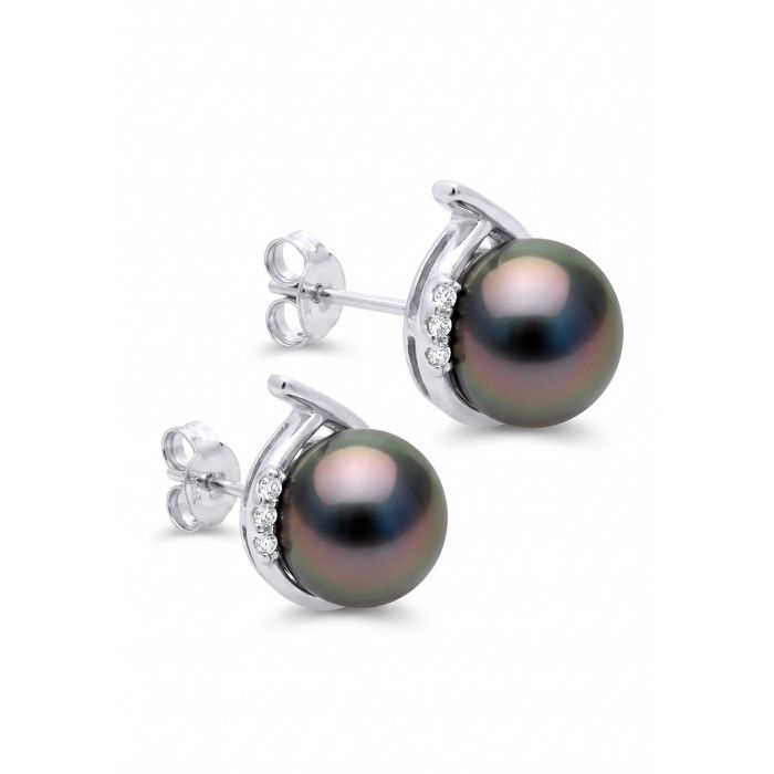 Boucles d'Oreilles - Pearls &amp; Colors - Perle de Culture de Tahiti 7-8 mm Rondes - Or Blanc 375/1000 - Qualité A+ - Diamants - Femme