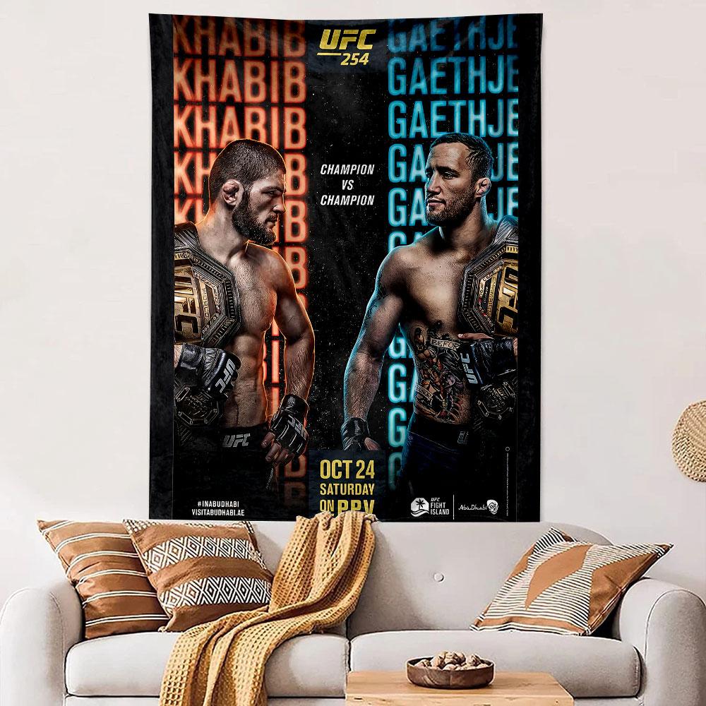 Two fighters face each other with their names repeated as background text. Patterned tapestry for bedroom and living room home decor