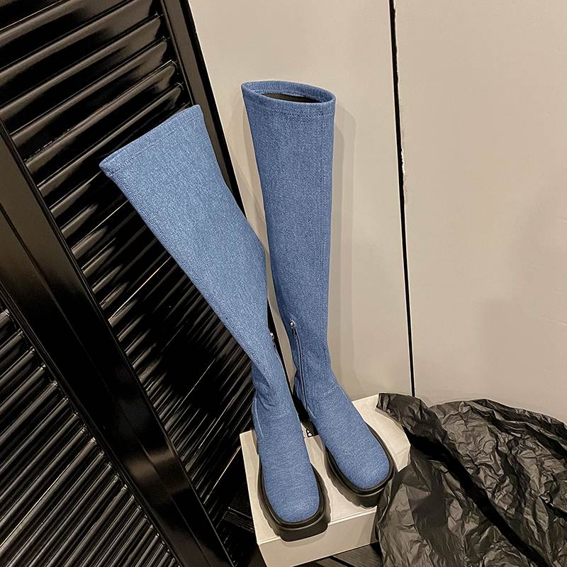 Krazing Pot Skórzane buty wiosenne i zimowe z grubego dna, antypoślizgowe, platformy, damskie, wsuwane, wysokie buty do ud