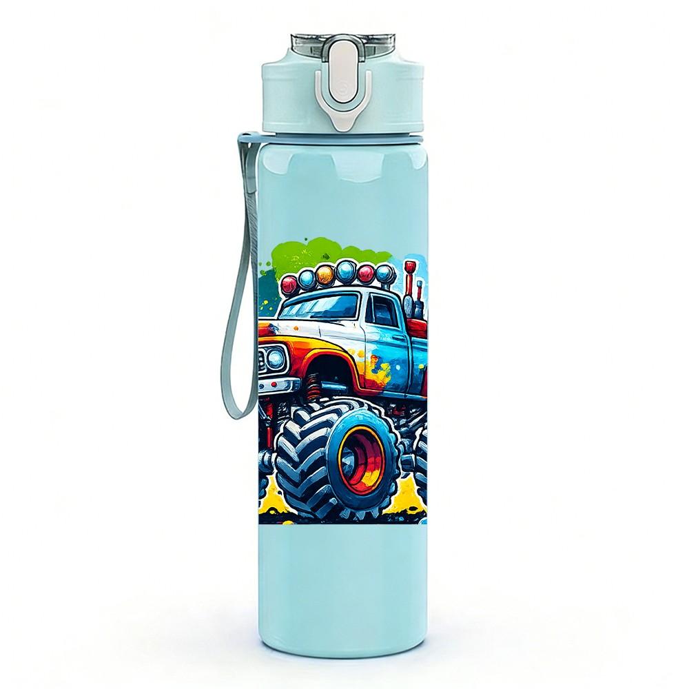 1PC Color Splash Monster Truck Print 750ml Color Plastic Sports Water Bottle Leakproof Flip Straw Lid Suitable for Sports Office Home Use