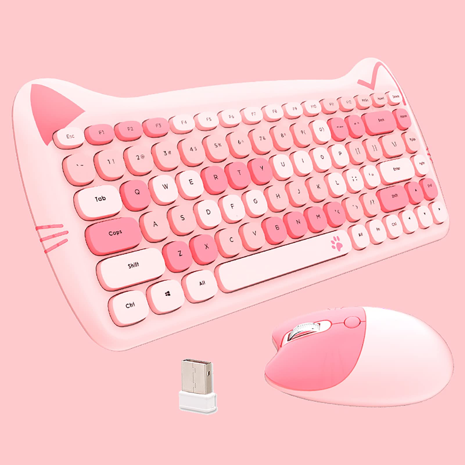 

Cute Cat USB Wireless Keyboard and Mouse Set for Women and Stylish with Colorful Quiet English Compatible with PCs and Laptops 84 2.4G Kids, Keycaps,