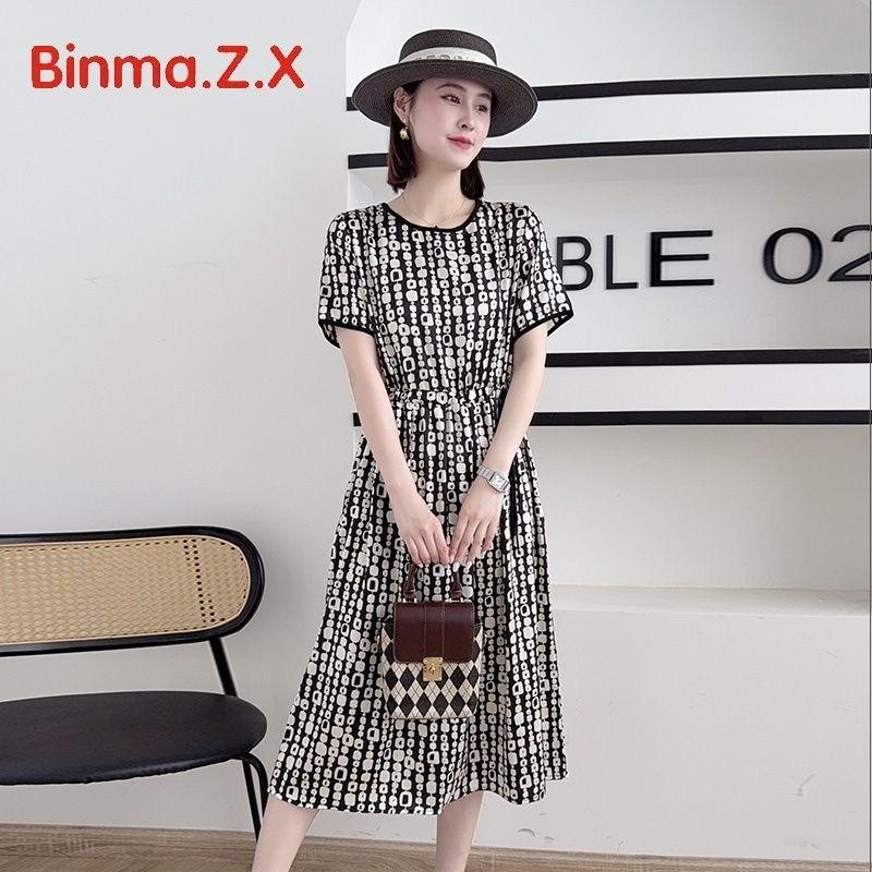 2026 Summer European & American Style Women's Multi-Color Printed High Waist Dress with Round Neck & Short Sleeves