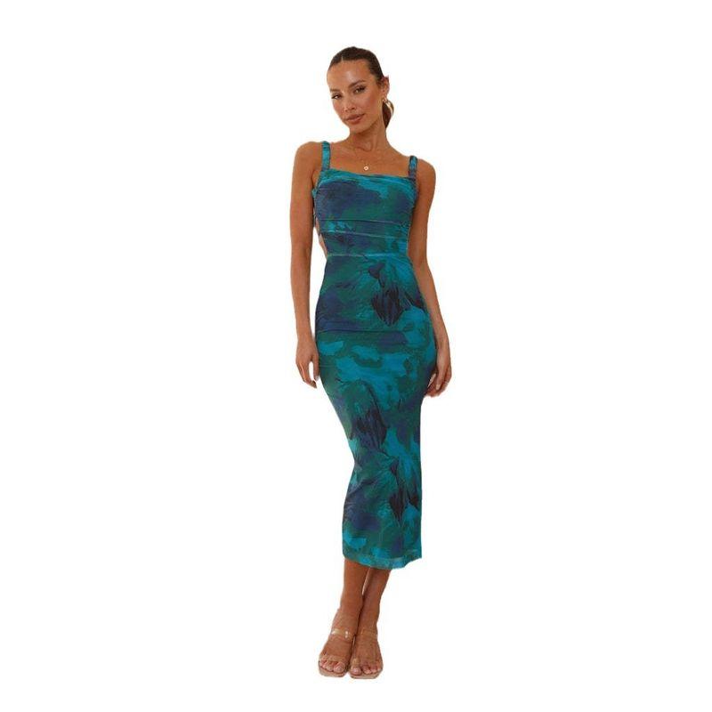 2025 Women Clothes Spring New Sleeve Slimming Sling Backless off-Neck Print Split Dress Women