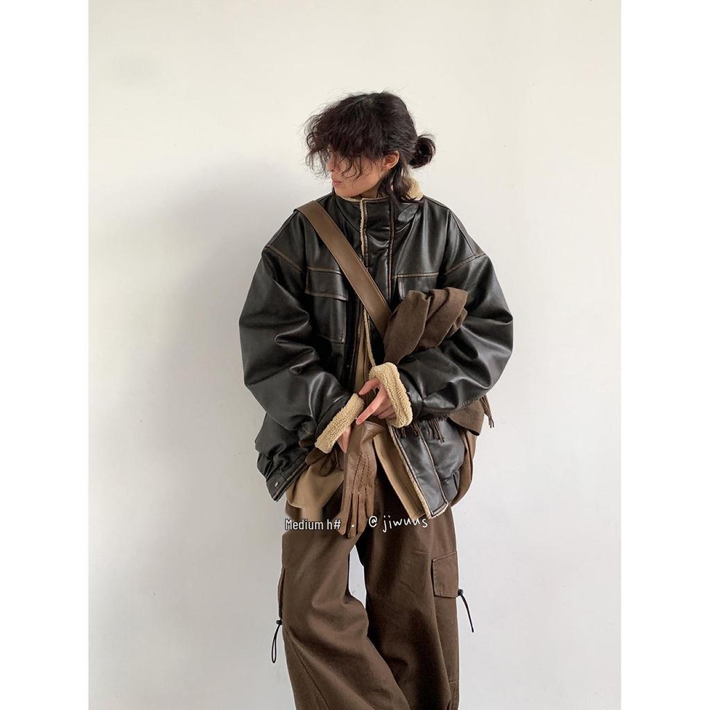 Unisex Japanese Retro Lambswool Leather Jacket for Autumn and Winter