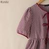 ZANZEA Women Plaid Print Casual Round Neck Short Sleeve Blouse