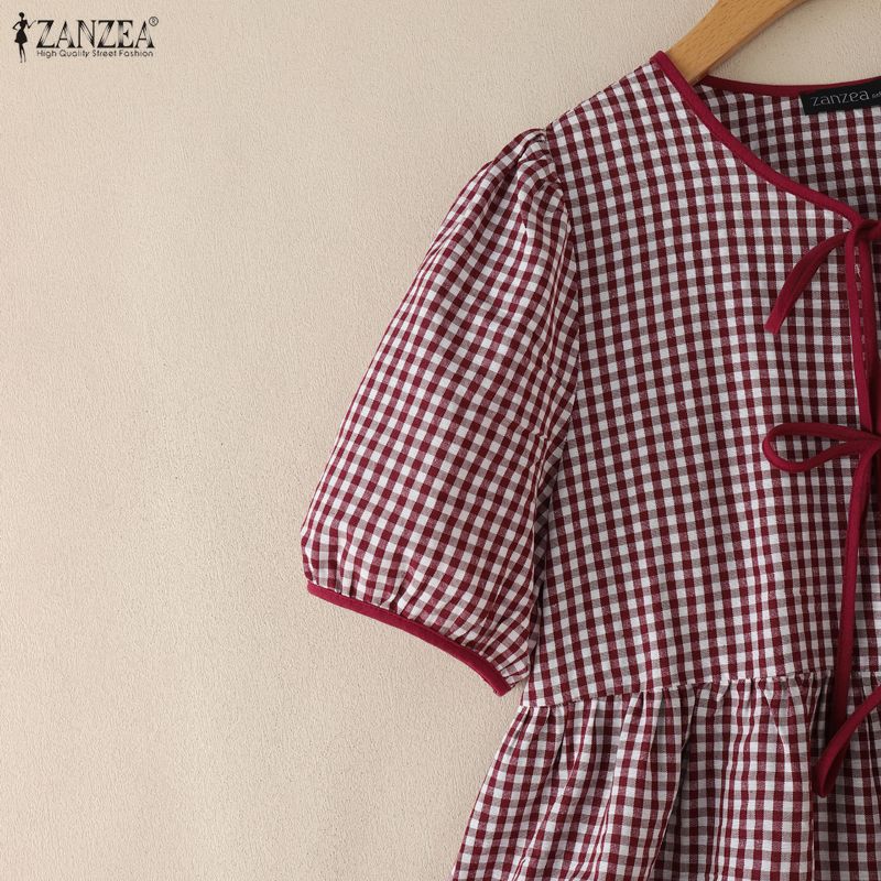 ZANZEA Women Plaid Print Casual Round Neck Short Sleeve Blouse