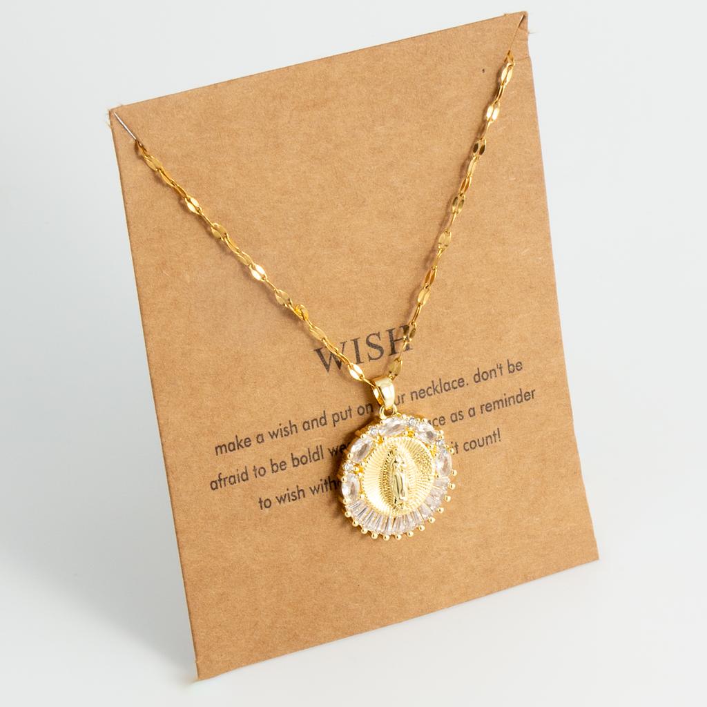 Oval round plaque inlaid with zircon religious pendant for women's party stainless steel Virgin Mary jewelry gift necklace