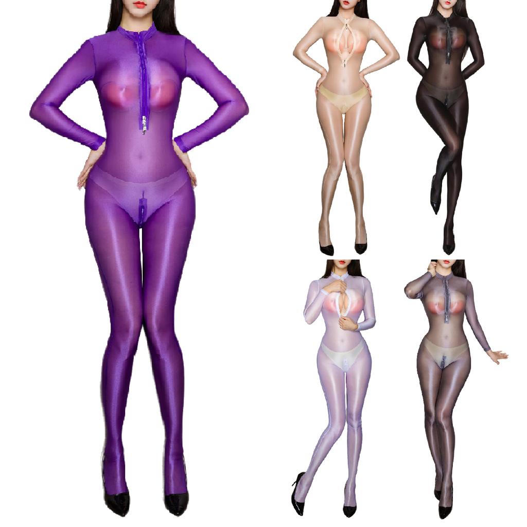 Damen Transparentes Dessous Jumpsuit Langarm Reißverschluss vorne Schrittloses Design Glänzender Seidiger Body Clubwear