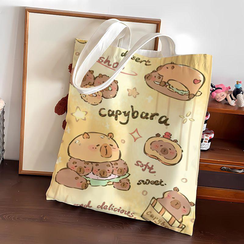 

2025 Сумка-капибара большой вместимости Холщовая сумка для документов с мультяшным принтом для студентов для посещения занятий и поездок на работу Сумки