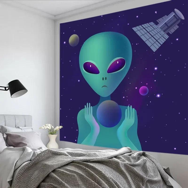 Adorable Cosmic Explorer Wall Tapestry, Starry Sky & Alien Figure Design, Soft Hanging Decor Perfect Gift For Kids & Sci-Fi Fans