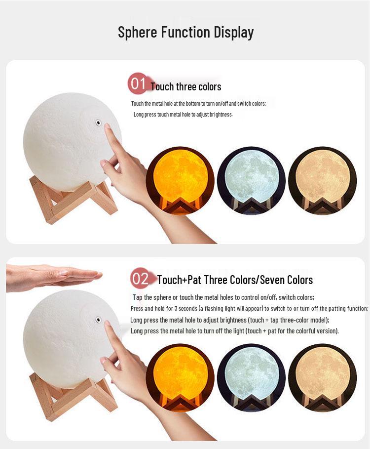 Moon Lamp USB Charging LED Night Light, 7-Color Touch, Creative Bedside Planet Lamp, Perfect Birthday Gift.