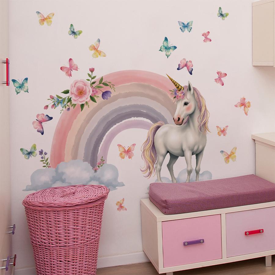 Dreamy Unicorn Rainbow Wall Stickers, Pink Tone Fairy Tale Scene with Colorful Butterflies, Girly Self-Adhesive Decor for Room Decoration