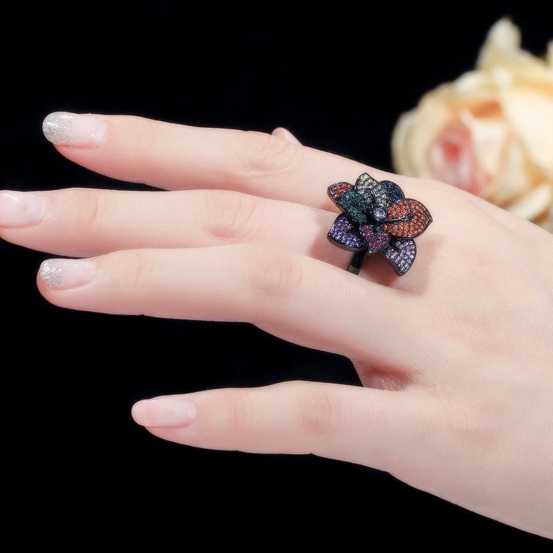 J0113 Full Of Colorful Zircon Flower Ring, Adjustable Women'S Ring