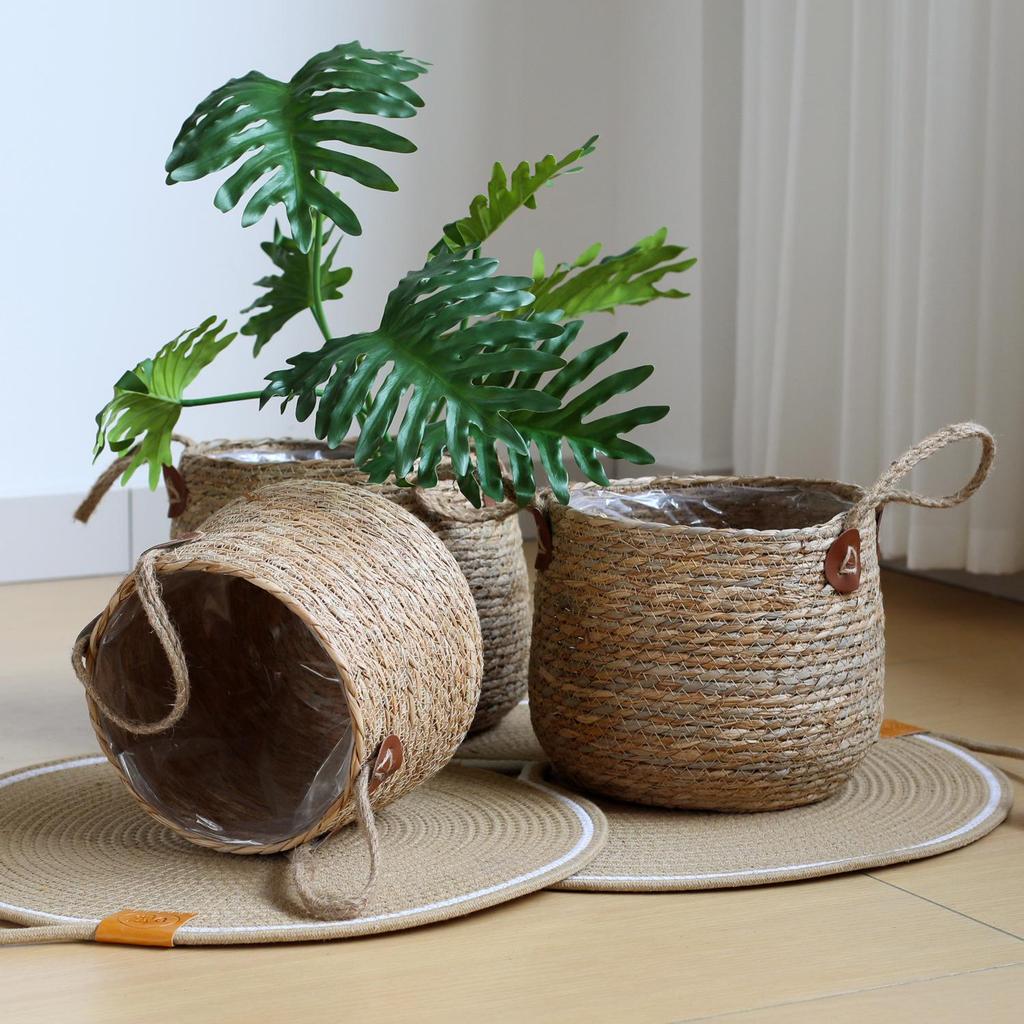 Nordic Rattan Floor Flower Pot Basket - Large Woven Cover for Decorative Monstera Plant