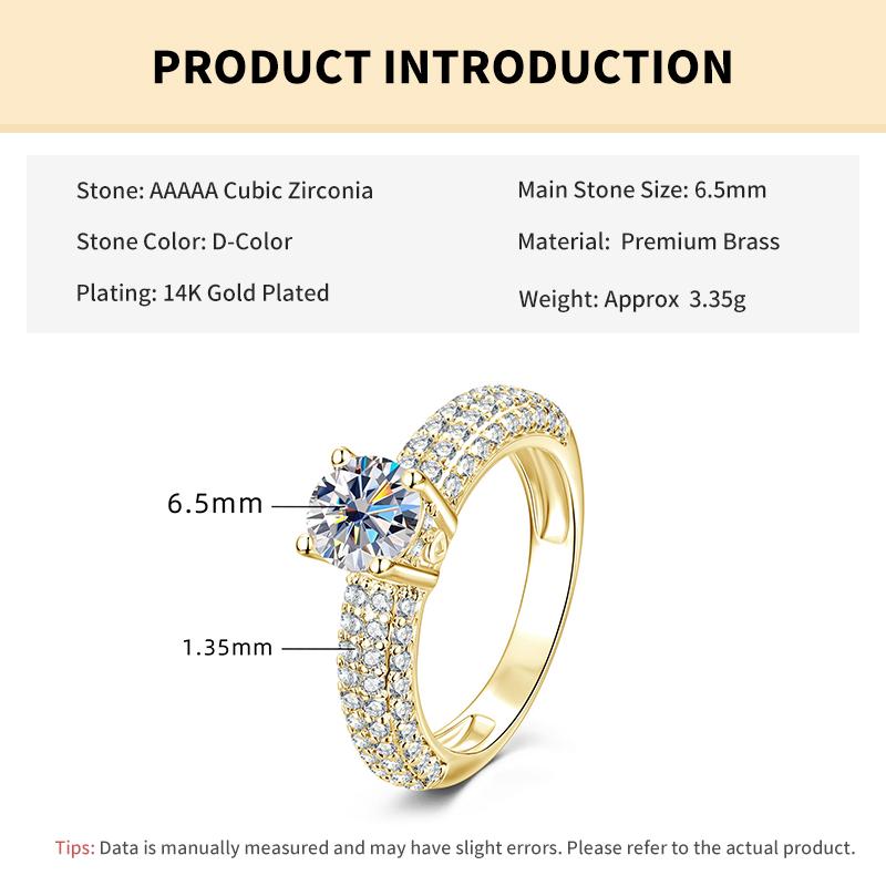 

Rrjzz Solitaire 6.5mm Cubic Zirconia Four Claws Engagement for Women 14K Gold Plated Four Row Light Luxury Anniversary Band Ring 5