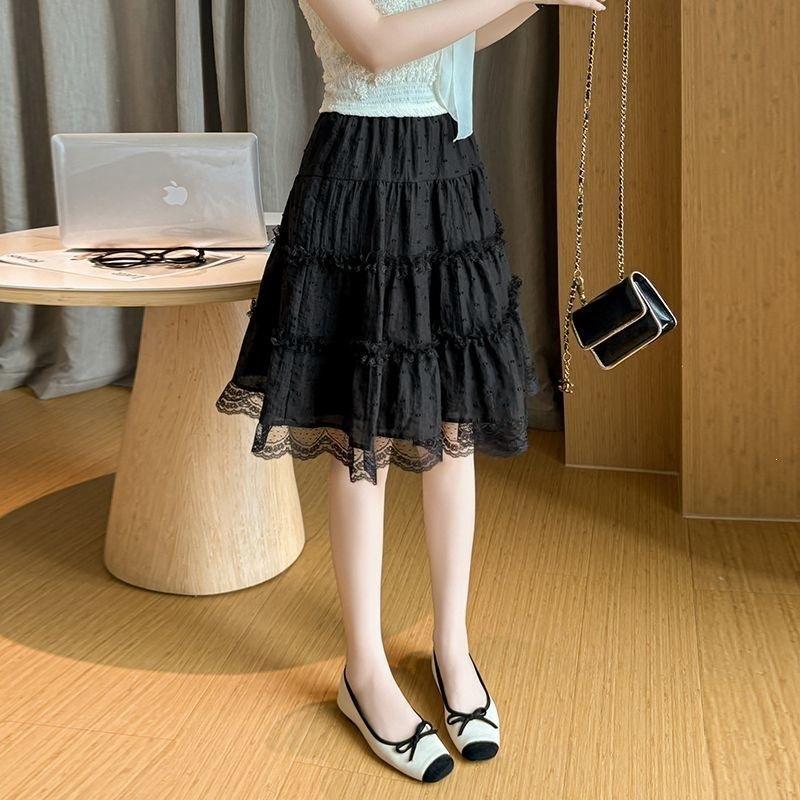 Lace Skirt Women's Summer Thin A Word 5 Points Cake Skirt Sweet Trendy Elastic Waist Polka Dot Mesh Tiered Mini Skirt