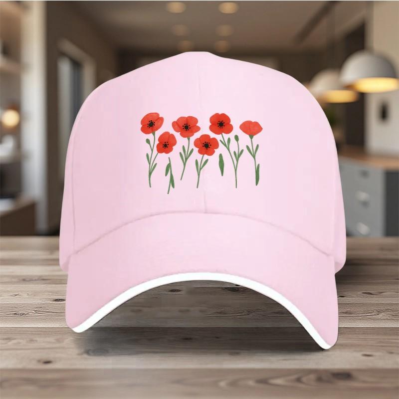 Red Poppy Flowers Baseball Cap Polyester Printed Casual Baseball Hat Adjustable Outdoor One Size