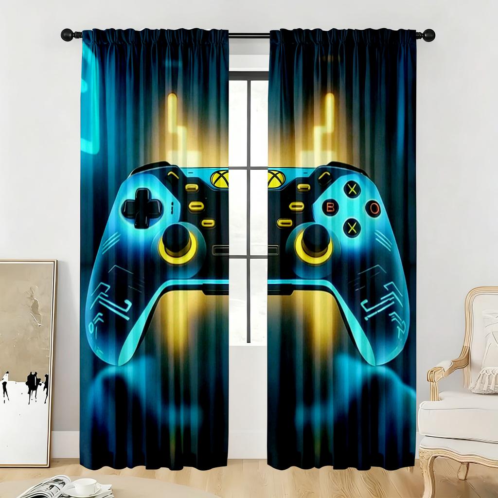2PC Blue & Yellow Gaming Controller Curtains - Futuristic Neon Print Window Drapes for Boys Bedroom Game Room Decor