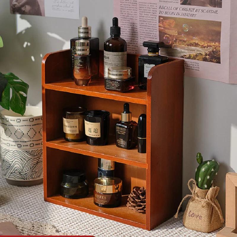 Solid wood cosmetics storage rack Desktop cup sample storage box Multi-layer wooden retro storage rack