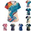 Women's V-Neck Short Sleeve Print Scrub Top with Pockets Side Slits Lightweight Uniform